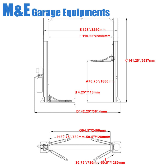 Katool ME-LM1100 2-Post Lift 11000 lb Clear-Floor Single Lock Release