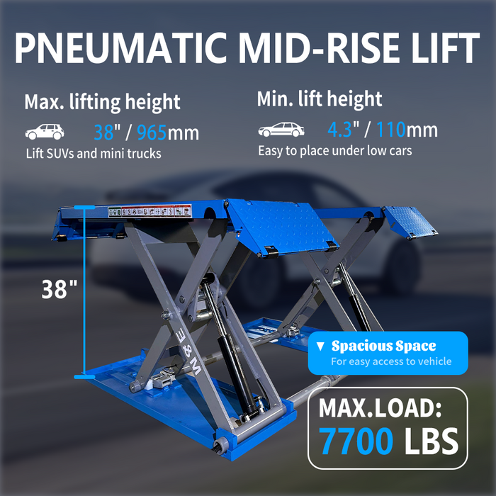 M&E Mid Rise Scissor Lift 7700lbs pneumatic Release Auto Lift Car Lift 220V x8p