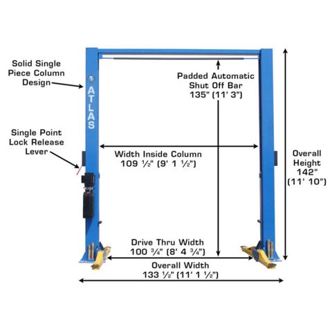 Atlas 9OHSC-SS-FPD 2 Post Lift 9000 lb Overhead Single Piece Column