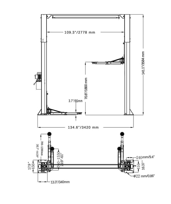Katool Clear Floor Two Post Lift, Direct Drive, Assym Arms 11,000 lbs
